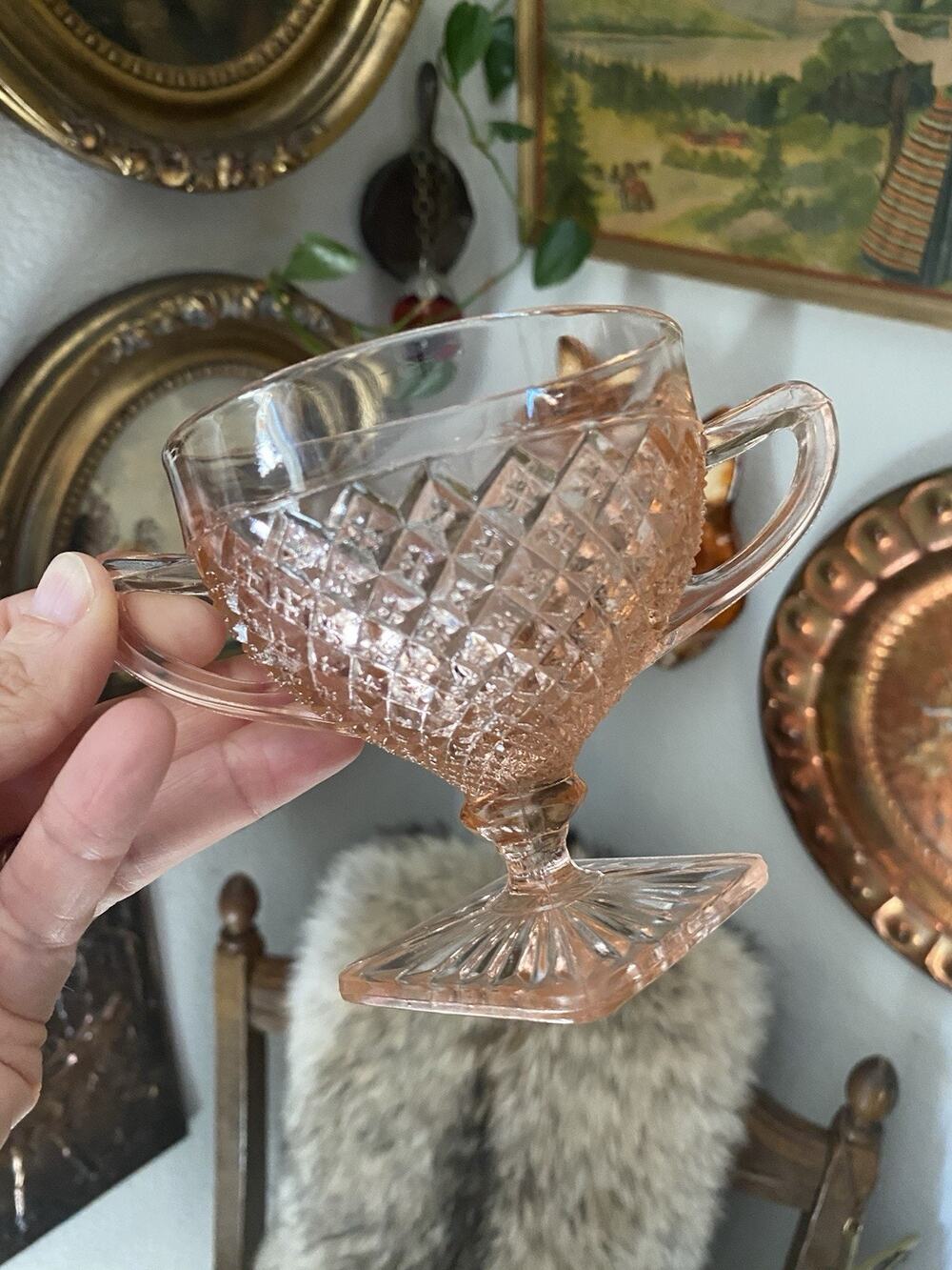 Vintage Pink Glass Sugar Bowl ‘Miss America’ Anchor Hocking Diamond Pattern